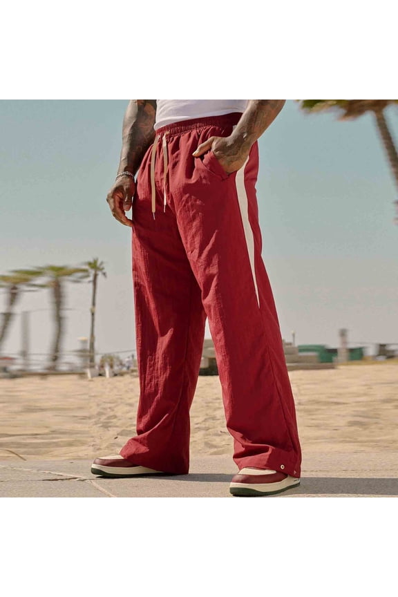 Men's Loose Fit Jogger Pants with Drawstring Waist, Striped Athletic Lounge Sweatpants, Red, Size L