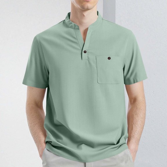 Fnnxeal Mens Casual T-Shirts, Summer Button Crew Neck Short Sleeve Tops Big and Tall Shirts Green Lightweight Tees with Pocket Size XL
