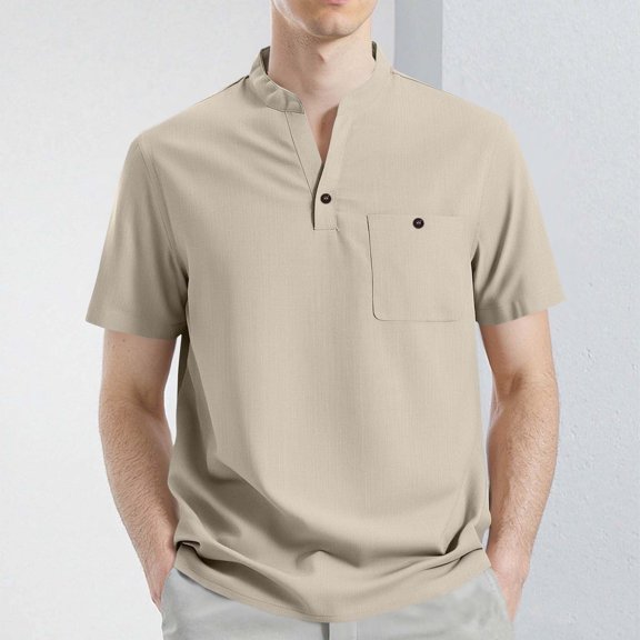 Fnnxeal Mens Casual T-Shirts, Summer Button Crew Neck Short Sleeve Tops Big and Tall Shirts Beige Lightweight Tees with Pocket Size XL