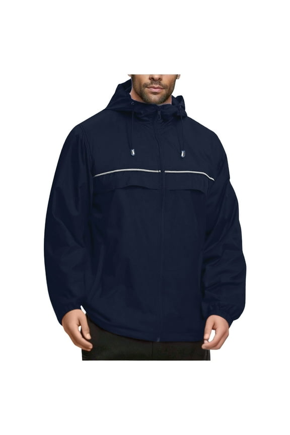 Men's Nylon Hooded Jacket - Size XS, Water-Resistant Windproof with Reflective Strips, Ideal for Work/Daily/Spring Fall, Navy