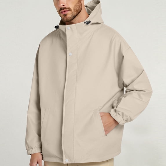 Fnnxeal Mens Rain Jackets Waterproof with Hood Windbreaker Lightweight Shirts Coat with Pockets Outdoor Long Sleeves Shirts Fall Winter Casual Beige Jackets for Men Size 4XL