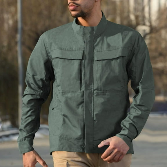 Fnnxeal Mens Rain Jacket Fall Winter Long Sleeves Shirts Windbreaker Lightweight Shirts Coat with Pockets Outdoor Casual Green Jackets for Men Size M