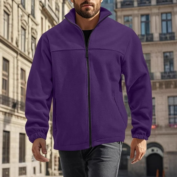 Fnnxeal Mens Jackets Windbreaker Lightweight Shirts Coat with Pocket Fall Winter Polar Fleece Long Sleeves Sweatshirts Casual Purple Jackets for Men Size XL