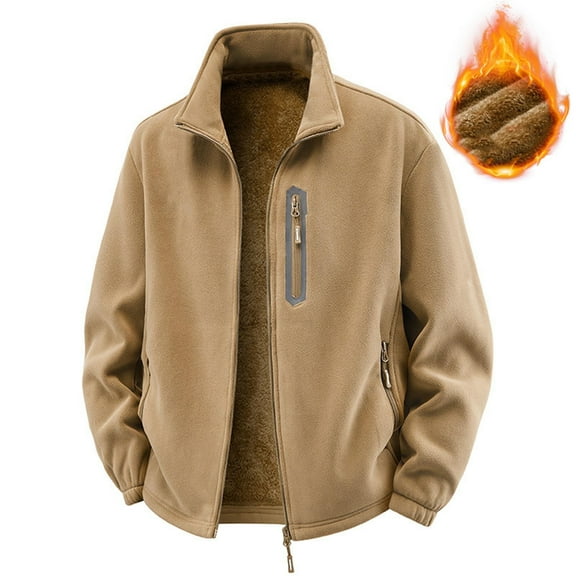 SYMOID Big & Tall Men's 5XL Khaki Fleece Jacket - Warm Fleece Lining, Full-Zip Stand-Up Collar, Nylon Spandex Blend with Zip Pockets for Casual & Light Outdoor Use