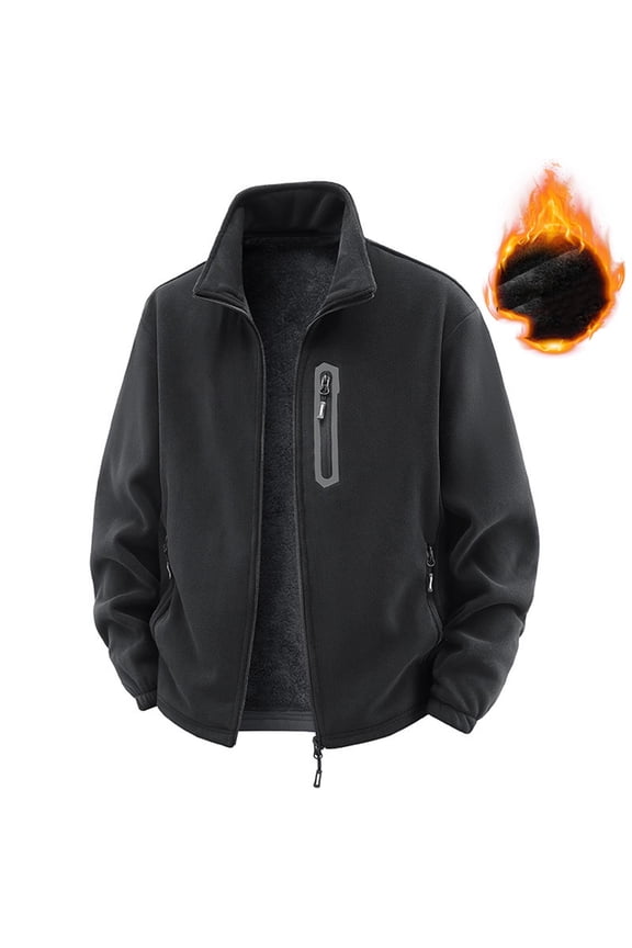 Men's Big & Tall Thermal Fleece Jacket - 4XL Black, Full-Zip Stand-Up Collar, Nylon Spandex Blend, Zip Pockets, Adjustable Hem - Ideal for Cool Weather Daily/Outdoor Wear