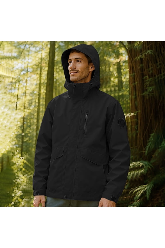 Mens Rain Jackets Waterproof with Hood Outdoor Fall Winter Windbreaker Lightweight Shirts Coat with Pocket Long Sleeves Shirts Casual Black Jackets for Men Size 3XL