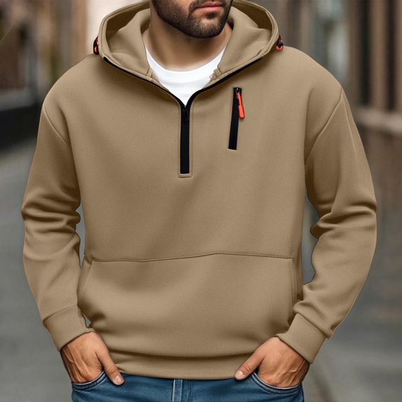 SYMOID Men's Half-Zip Hoodie 100% Polyester - Khaki (Size 2XL) with Kangaroo Pocket, Wrinkle-Resistant for Daily & Outdoor Casual Wear