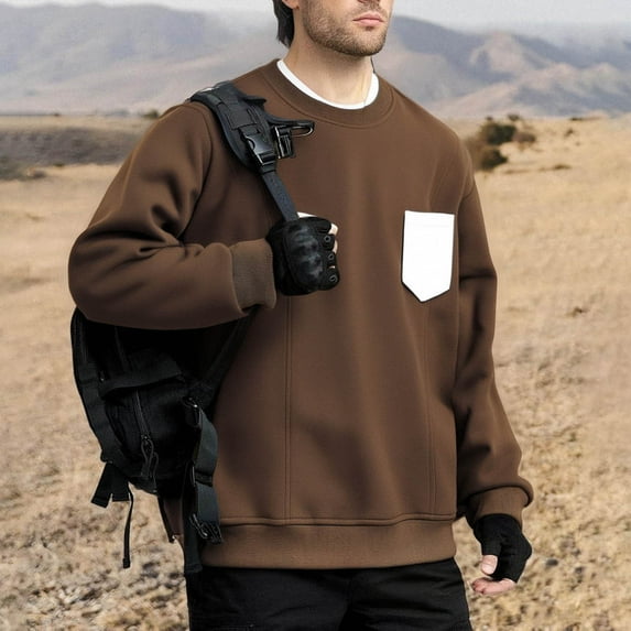 SYMOID Big & Tall Men's 100% Polyester Oversized Crew Neck Sweatshirt - Brown, Size 3XL - Contrast Chest Pocket, Ribbed Cuffs, Ideal for Casual & Outdoor Wear