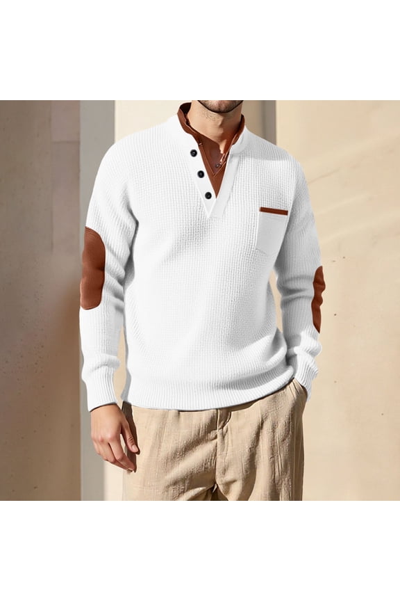 Men's Soft Stretch Henley Sweater - Long Sleeve with Elbow Patches & Chest Pocket, Ribbed Cuffs, 48% Polyester Blend, Casual Vintage Style for Daily Wear, White, Size S