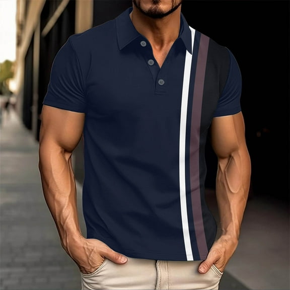 Fnnxeal Mens Polo Shirt, Casual Colleaed Short Sleeve Big and Tall Button Dark Blue Polo Shirts for Men Size 3XL