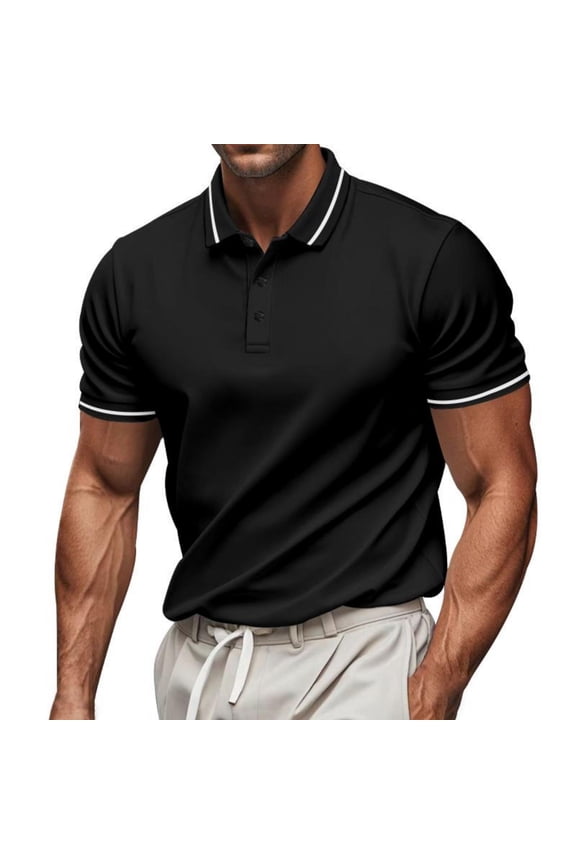 Summer Polo Shirts, Solid Polo Shirt for Men Button Big and Tall Colleaed Shirt Men’s Casual Tees Black T-Shirt XL