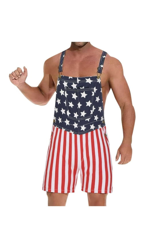 Mens and Big Bib Overall- Unisex Casual Fashion Patchwork 4th of July Clothes Flag Chest Pocket Denim Overalls Red XXXL
