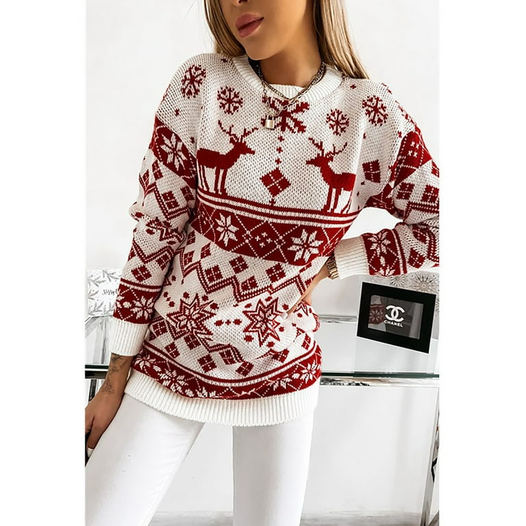 symoid Pullover Sweaters for Women- Long Sleeve Pullover Casual Crew Neck  Christmas Drop Shoulder Floral Knit Sweatshirts Tops ,for  Autumn/Spring/Winter Red L 
