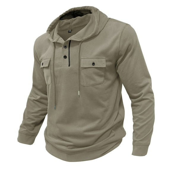 Fnnxeal Hoodies Sweatshirts for Men, Casual Big and Tall Shirts Outdoor Fall Winter Long Sleeve Shirt with Pockets Mens Beige Blouse Size 2XL