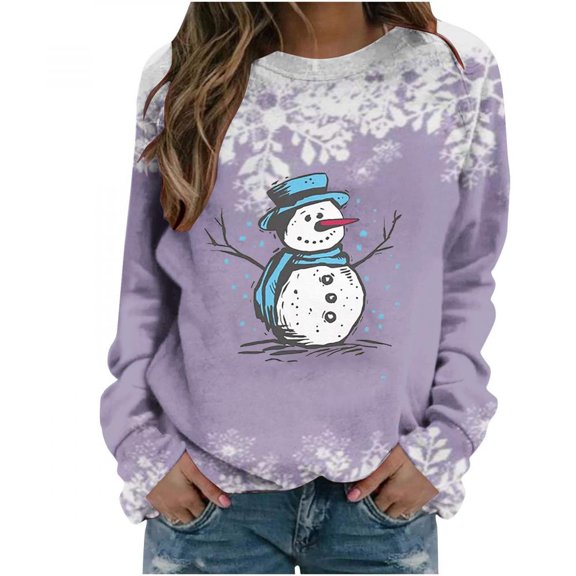 symoid Sweatshirt for Women 2022- Autumn and Winter Casual Christmas Snowman Printed Crew Neck Long Sleeve Pullover Blouse Sweatshirt Tops Purple S