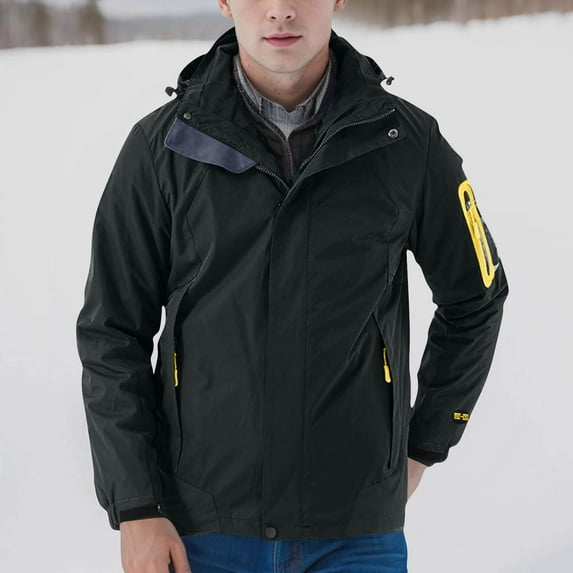 Fnnxeal Mens Rain Jackets Waterproof with Hood Windbreaker Lightweight Shirts Coat with Pocket Long Sleeves Shirts Outdoor Fall Winter Casual Black Jackets for Men Size L