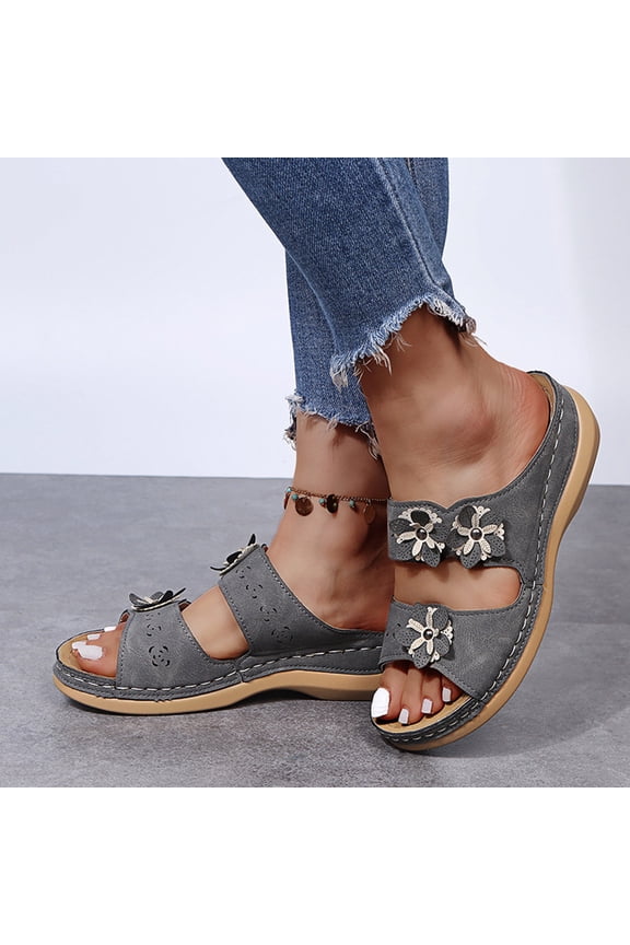 Women's Comfort Slide Sandals- Slides Sandal Roman Open Toe Wedge Flower Clearance Wide Width Dark Gray Dressy Slide Sandals for Women Size 4.5