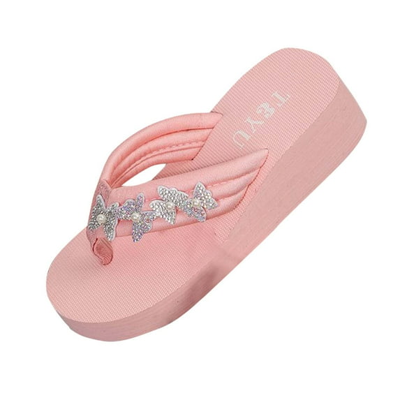 Guzom 2025 Summer Womens Wide Width Sandals Ladies Slides Pink Rhinestone Flip-Flops for Adult Woman Platform Sandals Shoes Size 6.5