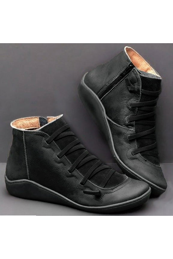 Womens Booties- Casual Flat Leather Retro Lace-Up Boots Side Zipper Plus Shoe Boots Black 36