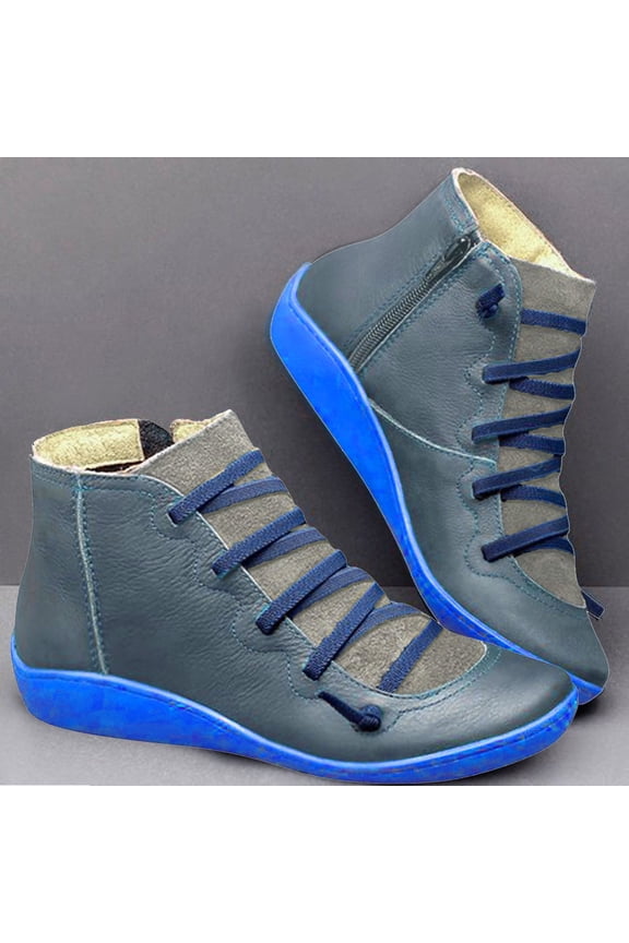 Womens Booties- Casual Flat Leather Retro Lace-Up Boots Side Zipper Plus Shoe Boots Blue 36