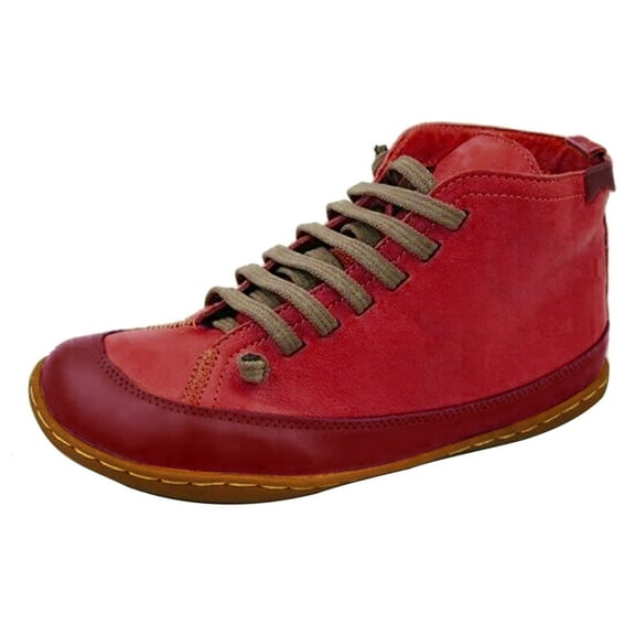 symoid Womens Booties- Comfortable Booties Solid Leather Flat Heel Boots Retro Shoes Red 35