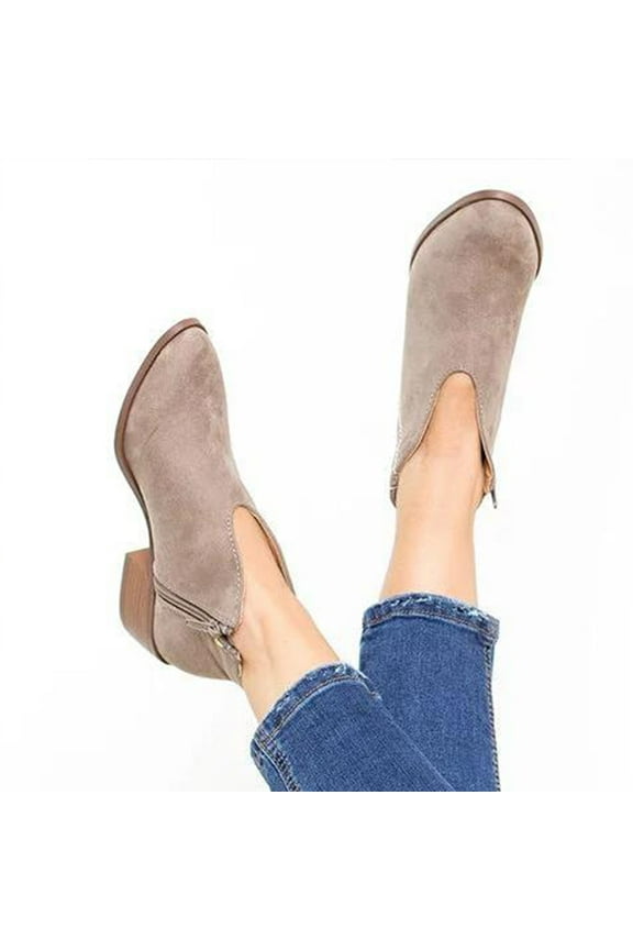 Womens Booties- Mid Heel Shoes Winter Warm Leopard Fashion Side Zipper Pointed Toe Casual Solid Ankle Boots Gray 36