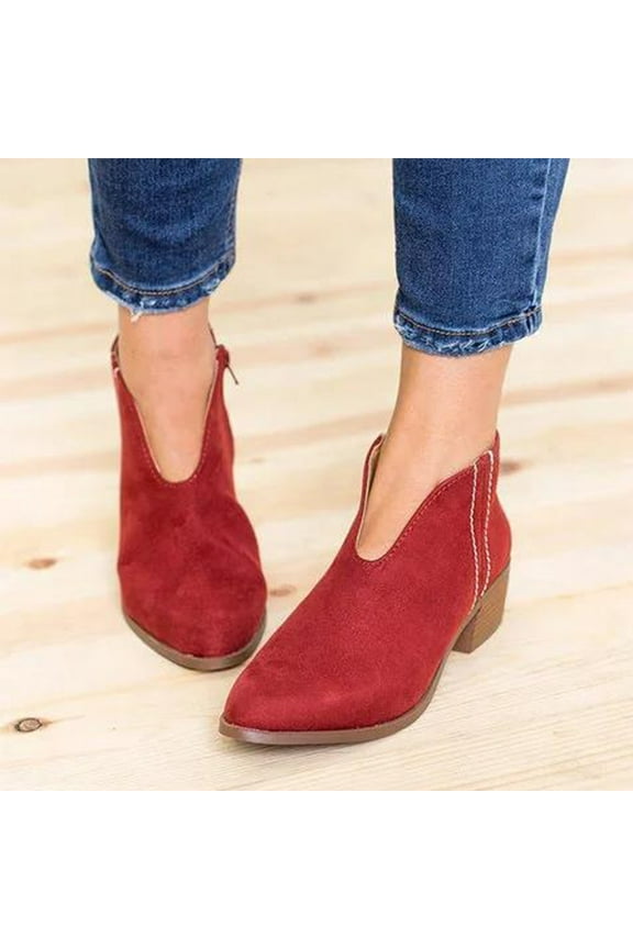 Womens Booties- Mid Heel Shoes Winter Warm Leopard Fashion Side Zipper Pointed Toe Casual Solid Ankle Boots Red 43