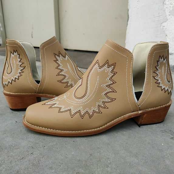symoid Womens Booties- Shoes Fashion Stitching Color Minimalistic Retro Embroidery High Heel Thick Heels Short Boots Beige 39