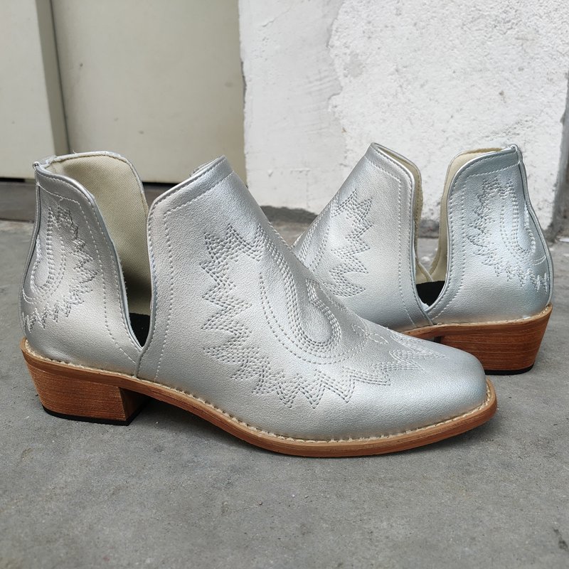 Womens Booties and Ankle Boots- Shoes Fashion Stitching Color Minimalistic Retro Embroidery High Heel Thick Heels Short Boots Silver 38