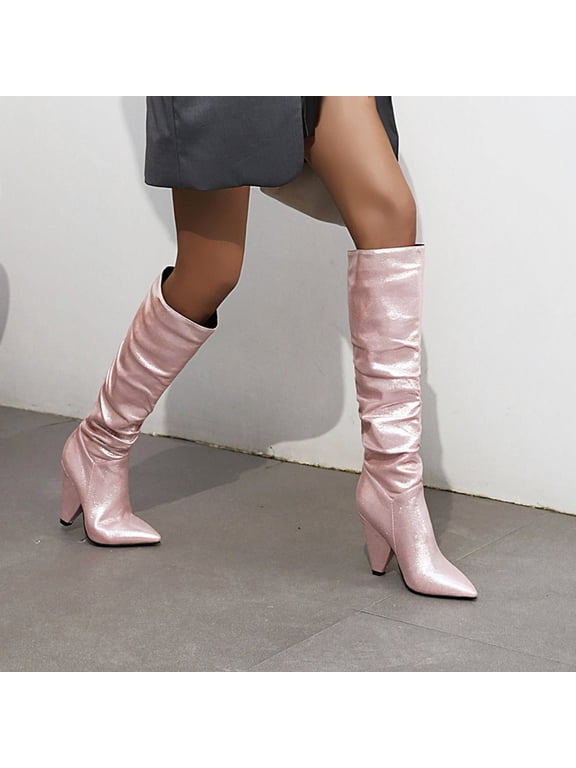 Womens Knee High Boots- Winter Disco Dancing Flash Club Ultra High Heel Slimming High Tube with Velvet Boots Pink 37