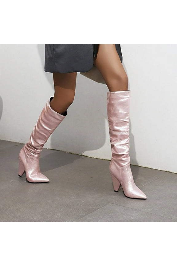 Womens Knee High Boots- Winter Disco Dancing Flash Club Ultra High Heel Slimming High Tube with Velvet Boots Pink 37