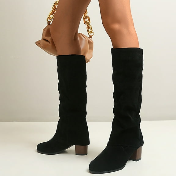 symoid Womens Boots- Winter Thick High Heel Pointed Sleeve High Tube Suede Boots in Solid Black 37