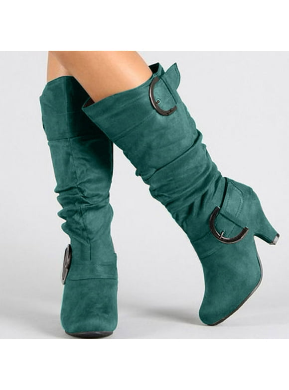 symoid Womens Boots- Winter Warm High Heel Straight Leather Belt Buckle Suede Thick Heel Knight Boots Green 38