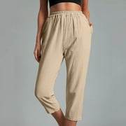 symoid Womens Capris- Casual Solid Pockets StretchRise Comfortable Straight Calf-Length Pants Khaki XL