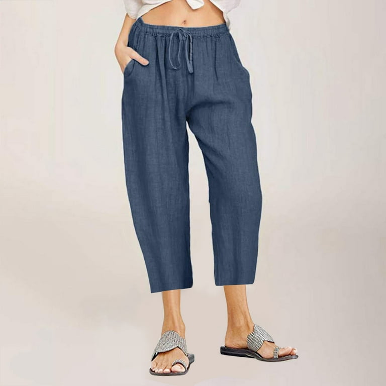 Women Satin Capri Pants Cropped Trousers Solid Loose Casual Workwear Summer