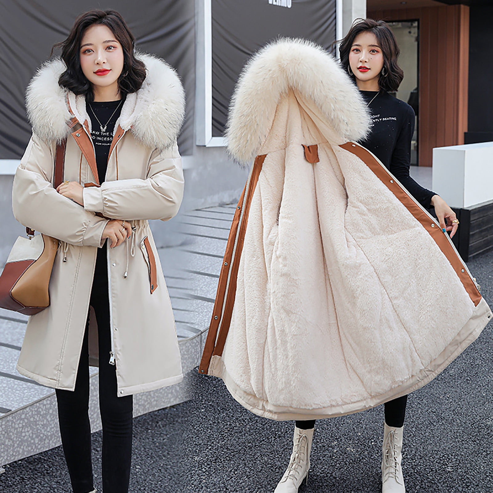 symoid Womens Coats & Jackets- Winter Fashion Tooling Long Slim Hooded  Cotton Jacket Coat Beige XXXL 