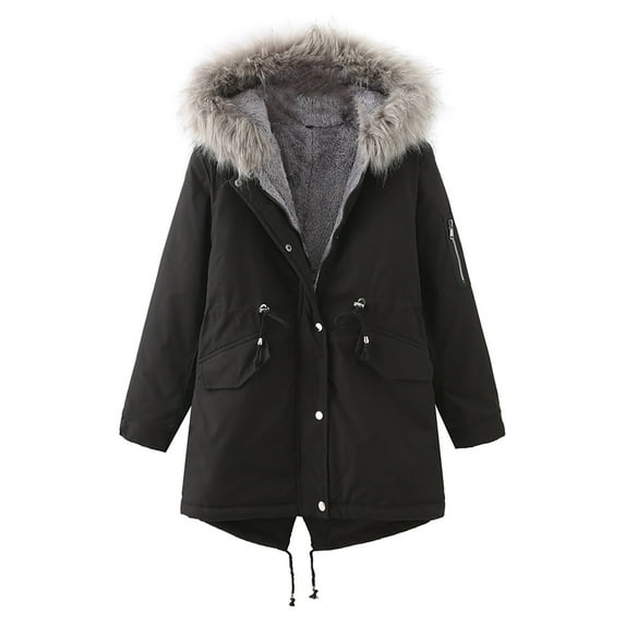 symoid Womens Coats & Jackets- Winter Long Thickening and Velvet Keeping Warm Casual Coat with Hat Black S