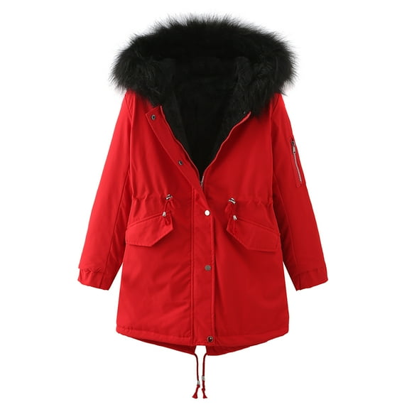 symoid Womens Coats & Jackets- Winter Long Thickening and Velvet Keeping Warm Casual Coat with Hat Red L