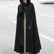 symoid Womens Coats & Jackets with Hood- Autumn Fashion Solid Hooded Button Cloak Split fork Woolen Coat Black L