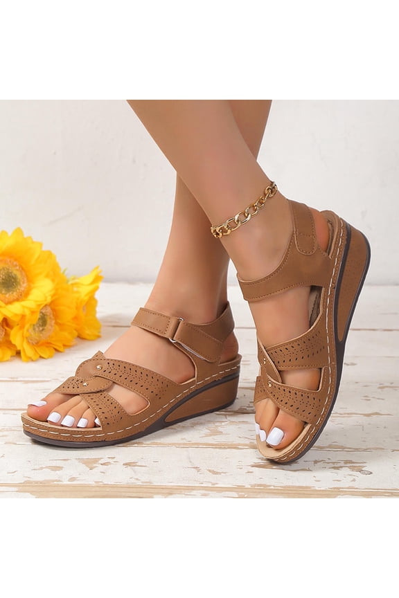 Womens Comfortable Wedge Sandals- Band Footbed Platform Wedge Wide Width Clearance Brown Dressy Slide Sandals for Women Size 9.5
