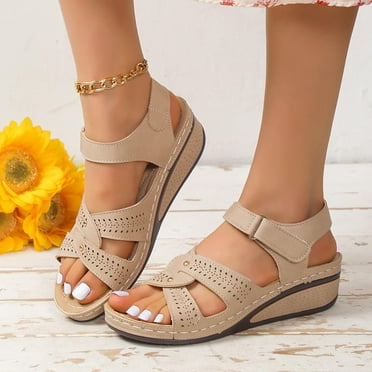 symoid Womens Comfortable Wedge Sandals- Wide Width Band Footbed Platform Wedge Clearance Beige Dressy Slide Sandals for Women Size 9