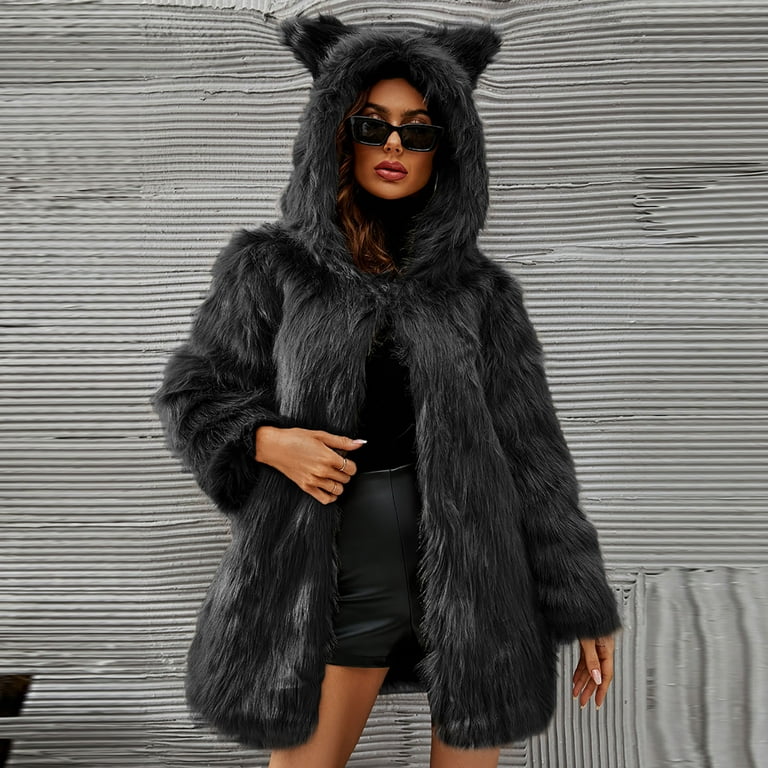 symoid Womens Faux Fur Coats & Jackets- Ladies Warm Faux Fur Coat Jacket  Winter Solid Hooded Outerwear Black S 