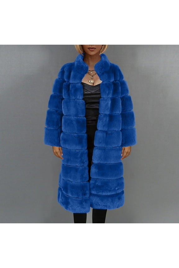 Womens Faux Fur Coats & Jackets- Ladies Warm Faux Fur Coat Jacket Winter Solid V-neck Outerwear Blue M