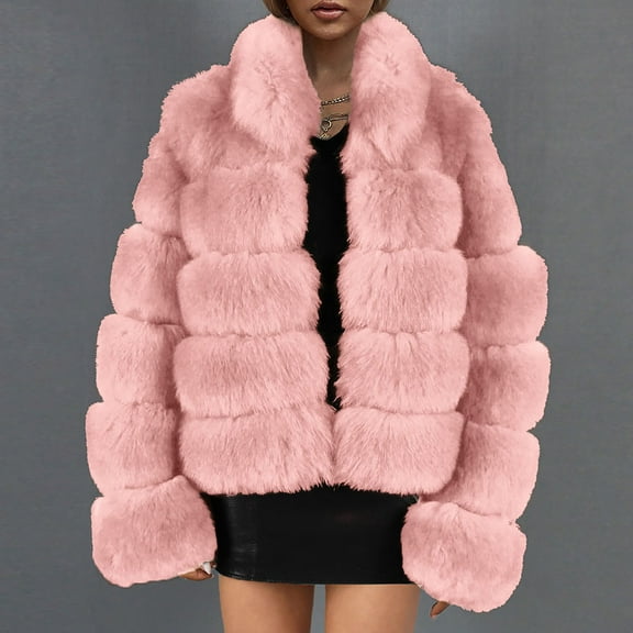symoid Womens Faux Fur Coats & Jackets- Ladies Warm Faux Fur Coat Jacket Winter Solid V-neck Outerwear Pink S