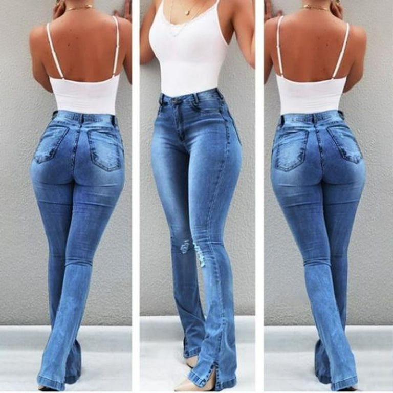 Trousers Pants Jeans- Slim Hole XXL High symoid Button Skinny Jeans Denim Womens Rise Flare Pocket Stretch Blue