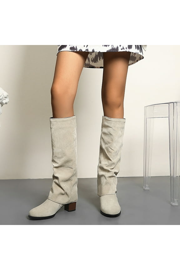 Womens Mid Calf Boots- Winter Thick High Heel Pointed Sleeve High Tube Suede Boots in Solid White 38