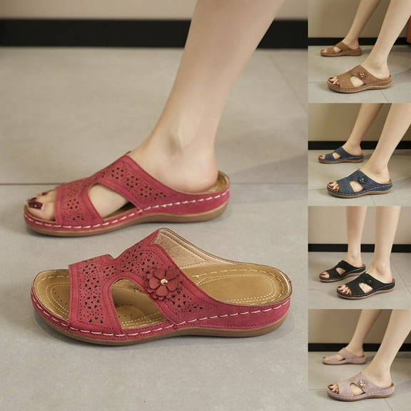 Guzom Womens Summer Comfort Flats Sandals- Wide Width Flat Beach Open Toe Clearance Red Dressy Slide Sandals for Women Size 4.5