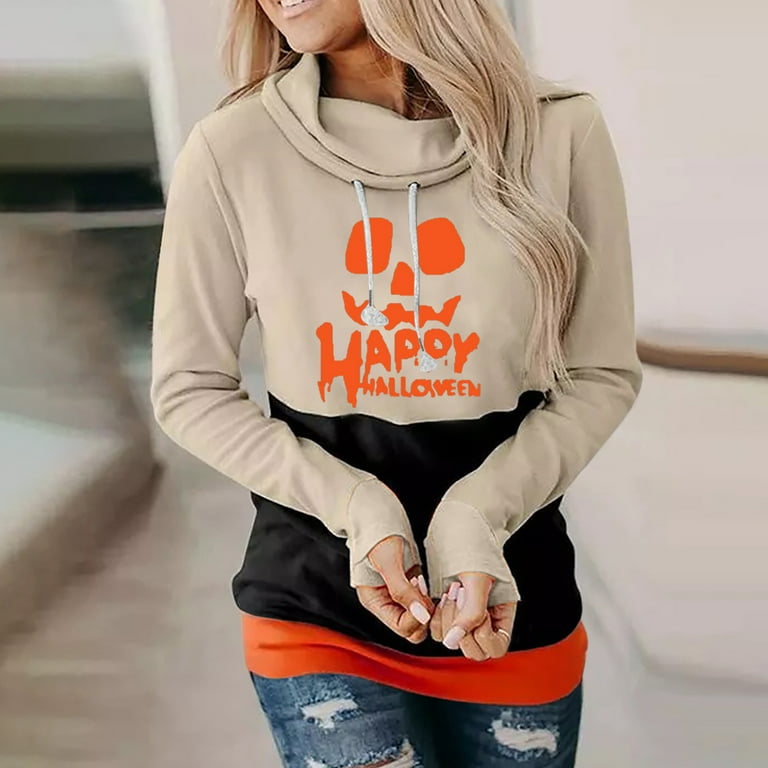 symoid Womens Sweatshirts & Hoodies- Graphic Printed Long Sleeve Pullover  Crew Neck Hoodies Casual Halloween Activewear Top Autumn/Spring/Winter  Beige