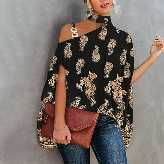 symoid Womens T-Shirts- Halter Neck One Shoulder Printed Flutter Blouse Short Sleeve Casual Tee Tops ,for Spring, Summer and Fall Black M