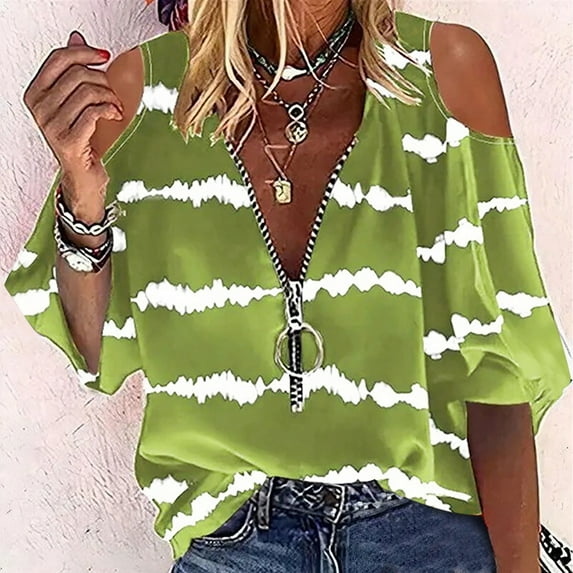 symoid Womens T-Shirts- V-Neck Cold Shoulder Printed Flutter Blouse Short Sleeve Casual Tee Tops ,for Spring, Summer and Fall Green XXL